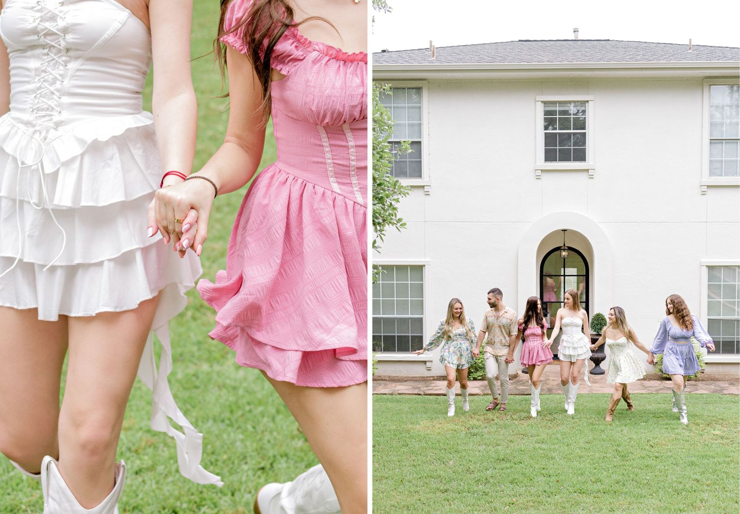 Pink and white dresses twirl at a garden party outside a stately white mansion.