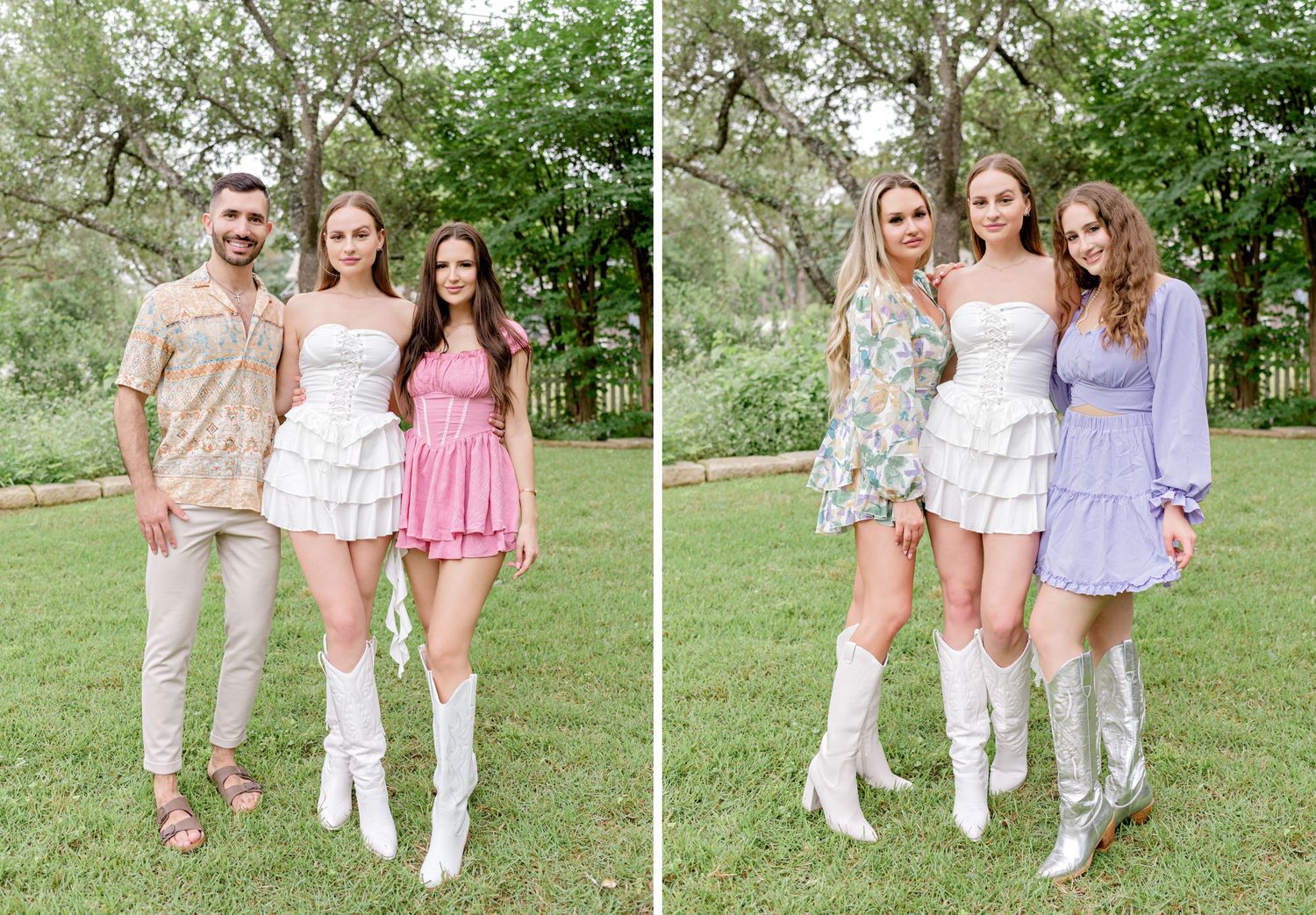 Fashion shoot on grass featuring coordination of pastel dresses and white boots.