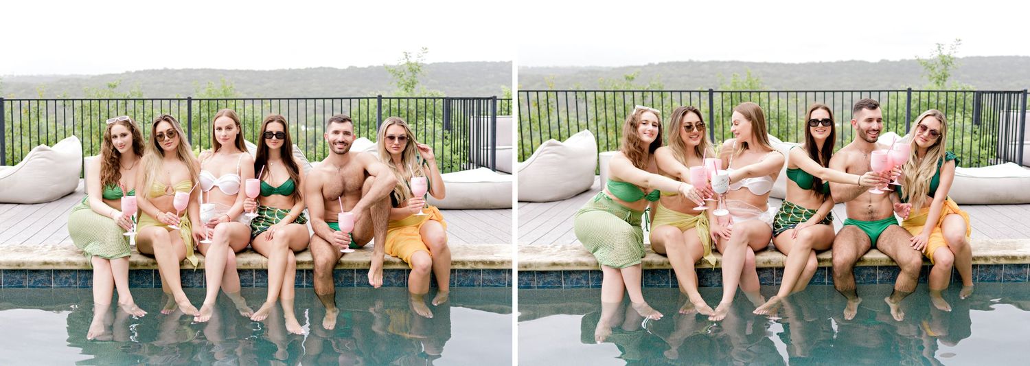 Poolside party scene with inflatable floats and summer outfits.