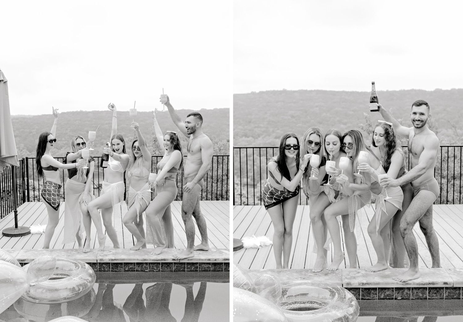 Wedding party poses by a pool in formal attire with raised hands in celebration.