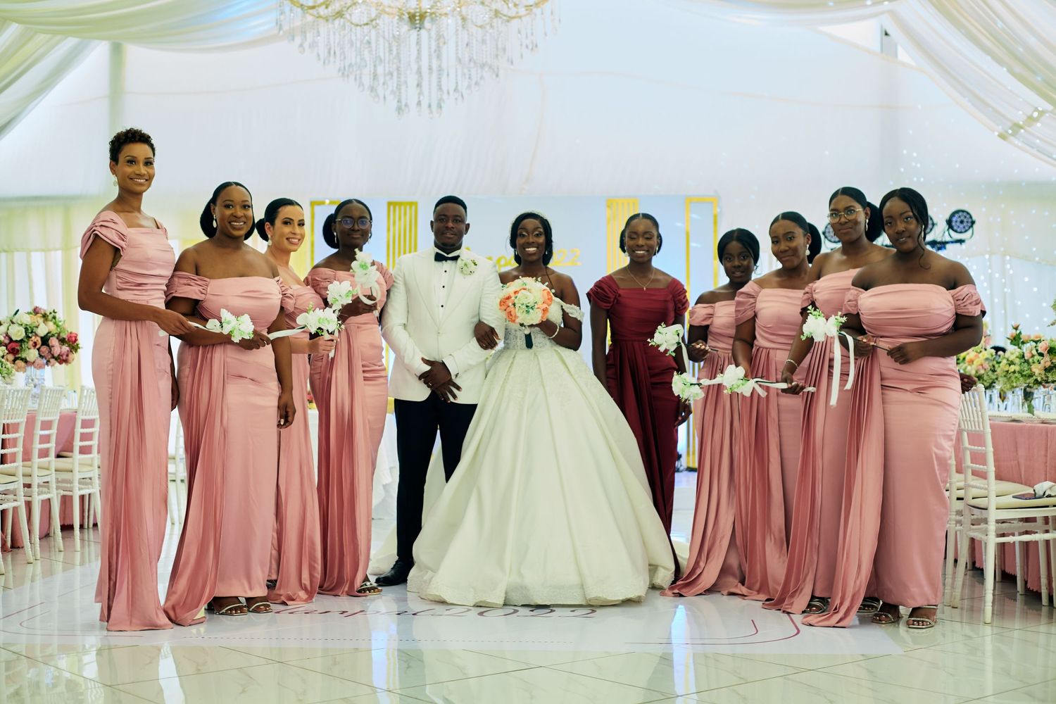 Wedding party in pink bridesmaid dresses and formal attire posed in an elegant venue.