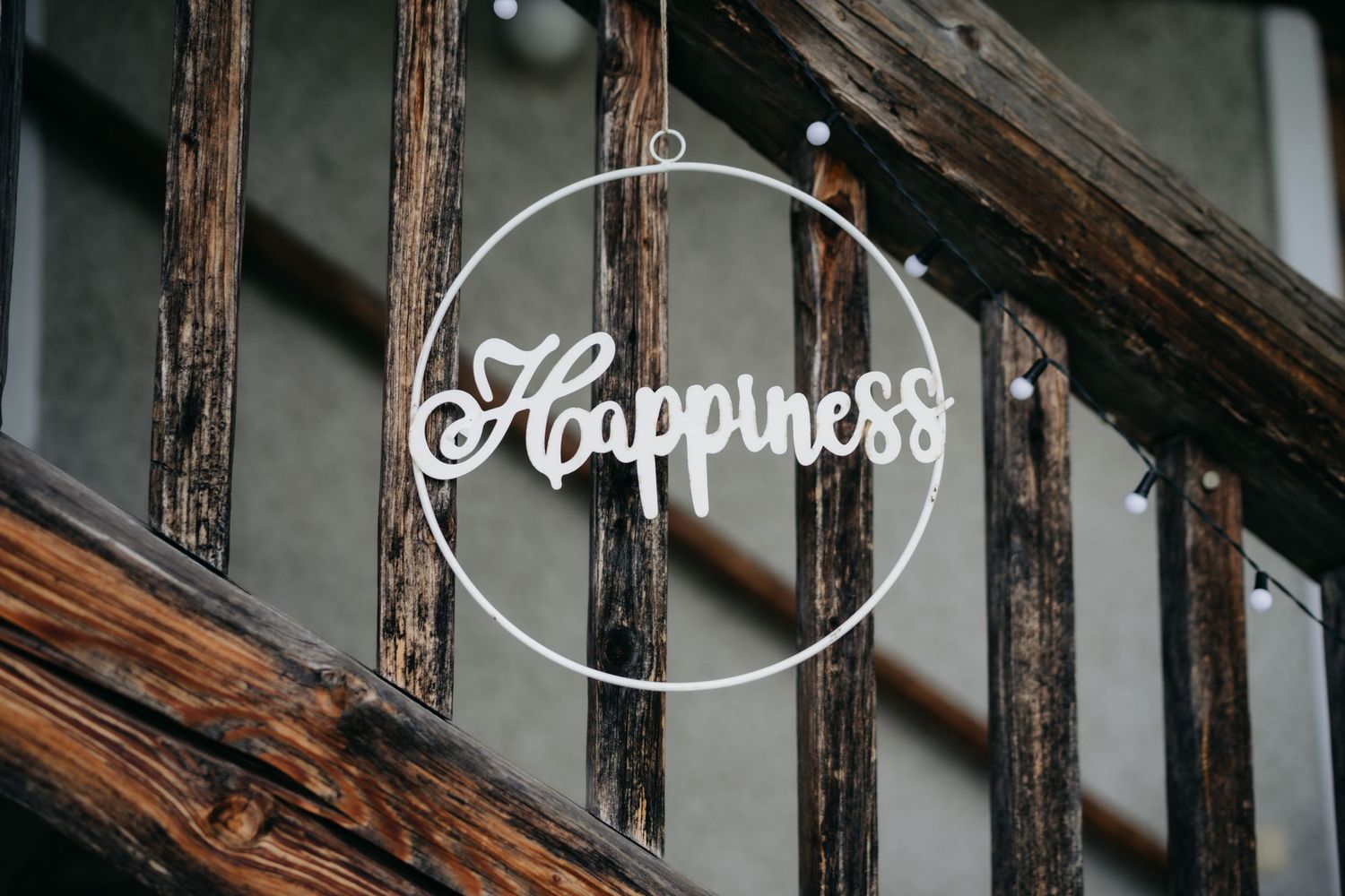 Dekoschild Happiness auf einer Holzstiege