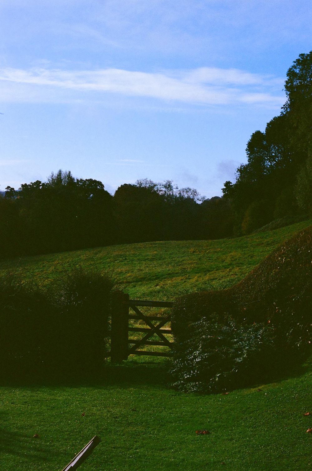 Rolling green countryside landscape with wooden gate under blue sky.
