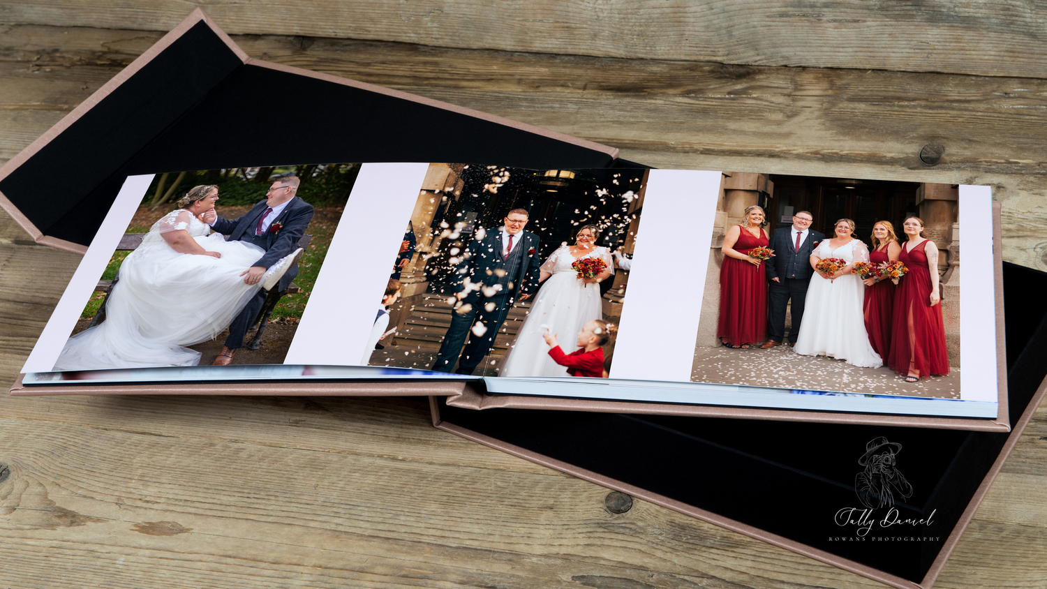 Professional wedding album displaying multiple ceremony photographs on wooden background.