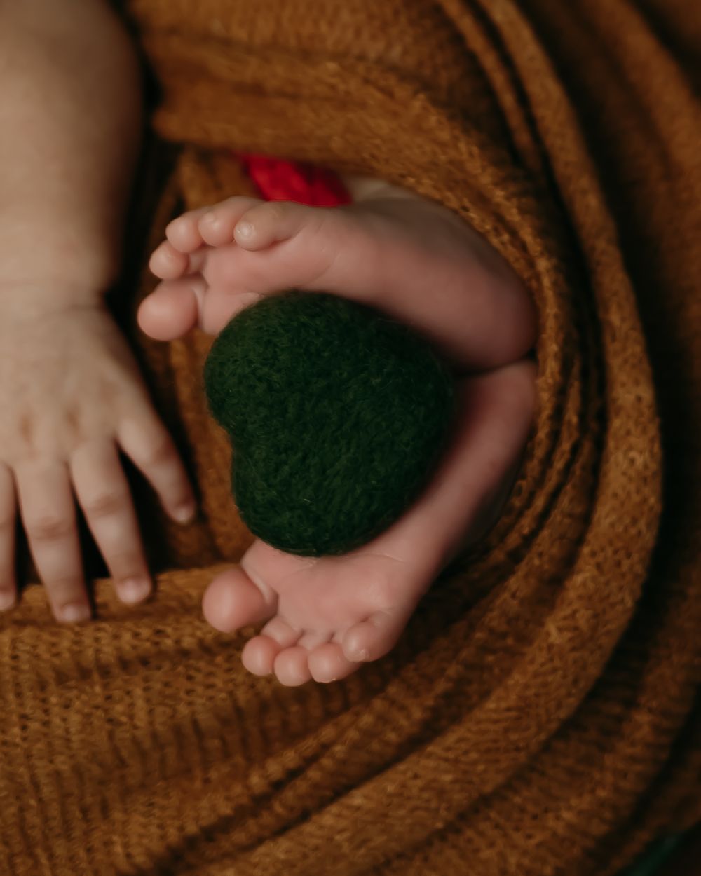 Close-up of tiny feet and hands against brown knit fabric with green accent.