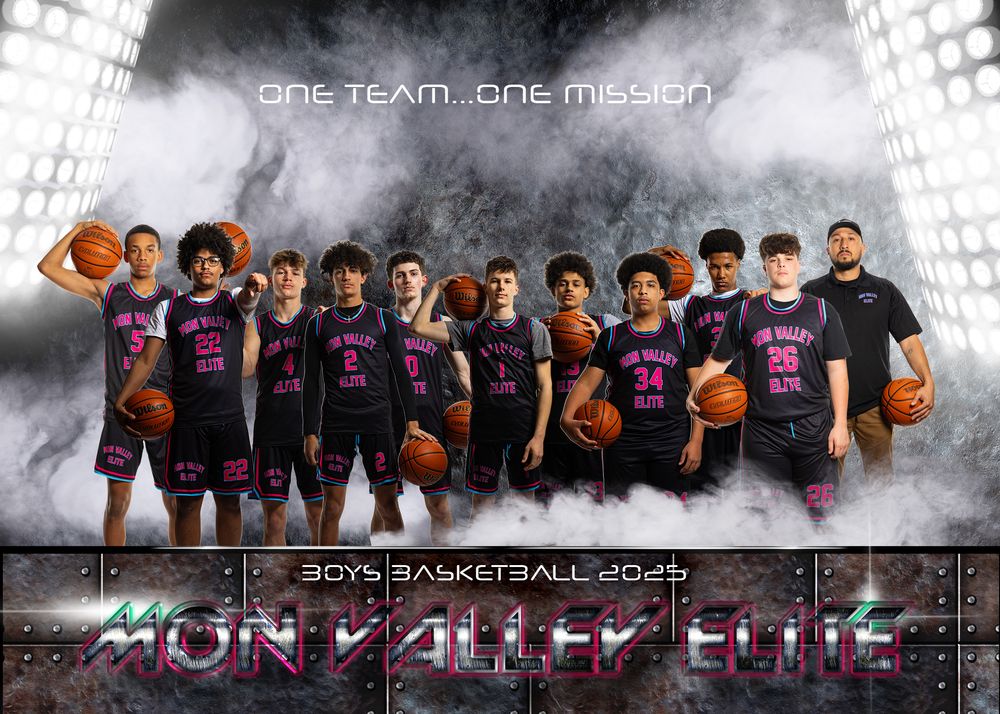 Basketball team lined up in matching purple jerseys with basketballs and fog effect in dramatic sports promo photo.