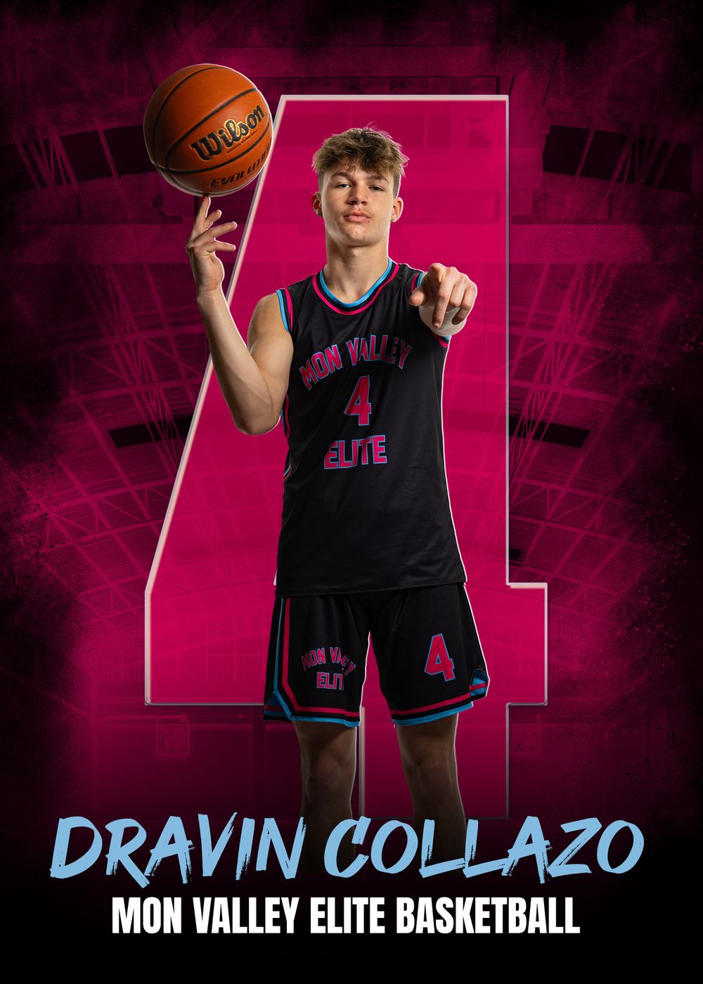 Basketball player in black uniform numbered 4 spins ball on finger against pink background with dramatic lighting effects.
