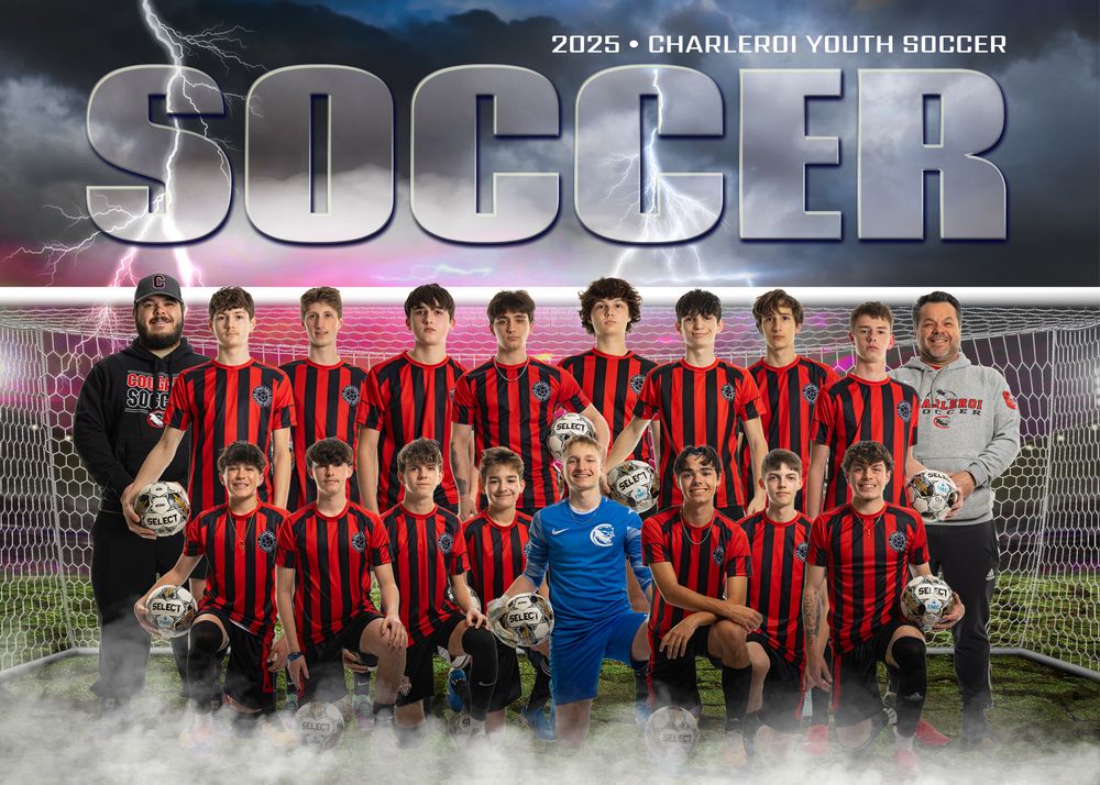 Soccer team poses for official team photo wearing red and black striped jerseys with blue goalkeeper uniform and smoky effect.