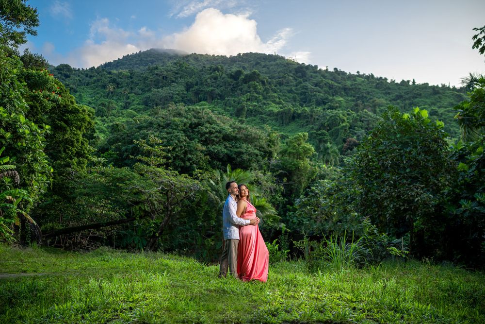 A romantic portrait in a lush green meadow with misty mountains in the background.