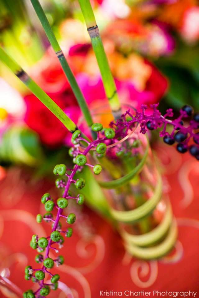 Colorful purple flowers and bamboo stems arranged in a decorative spiral against a vibrant red background.