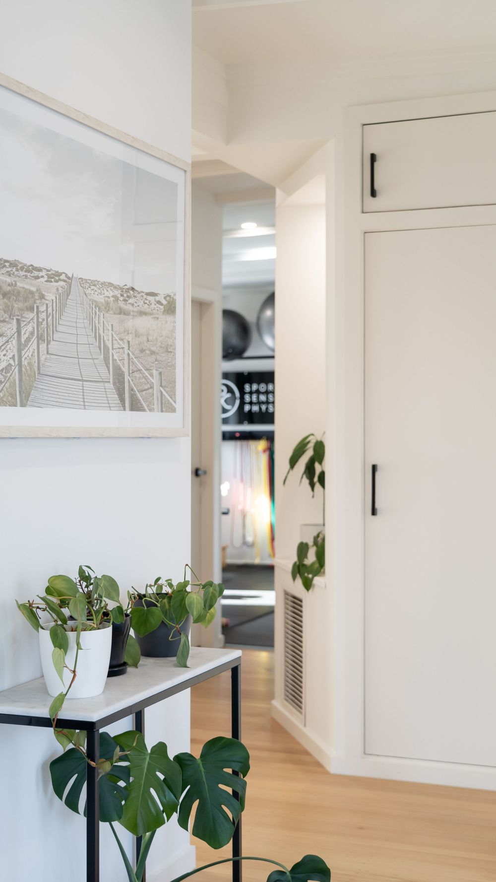 Modern hallway with white walls featuring artwork and monstera plants on a side table.