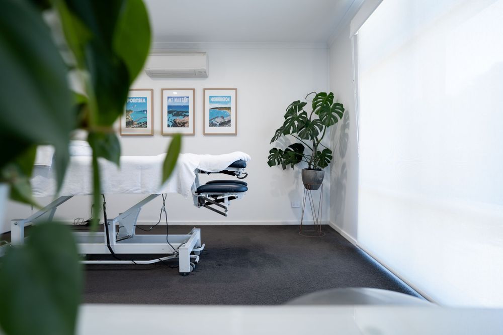 Modern physiotherapy room with treadmill and plants visible through greenery.