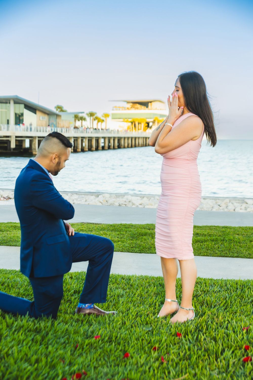 A marriage proposal takes place on a grassy lawn by the ocean pier during sunset with a person kneeling.