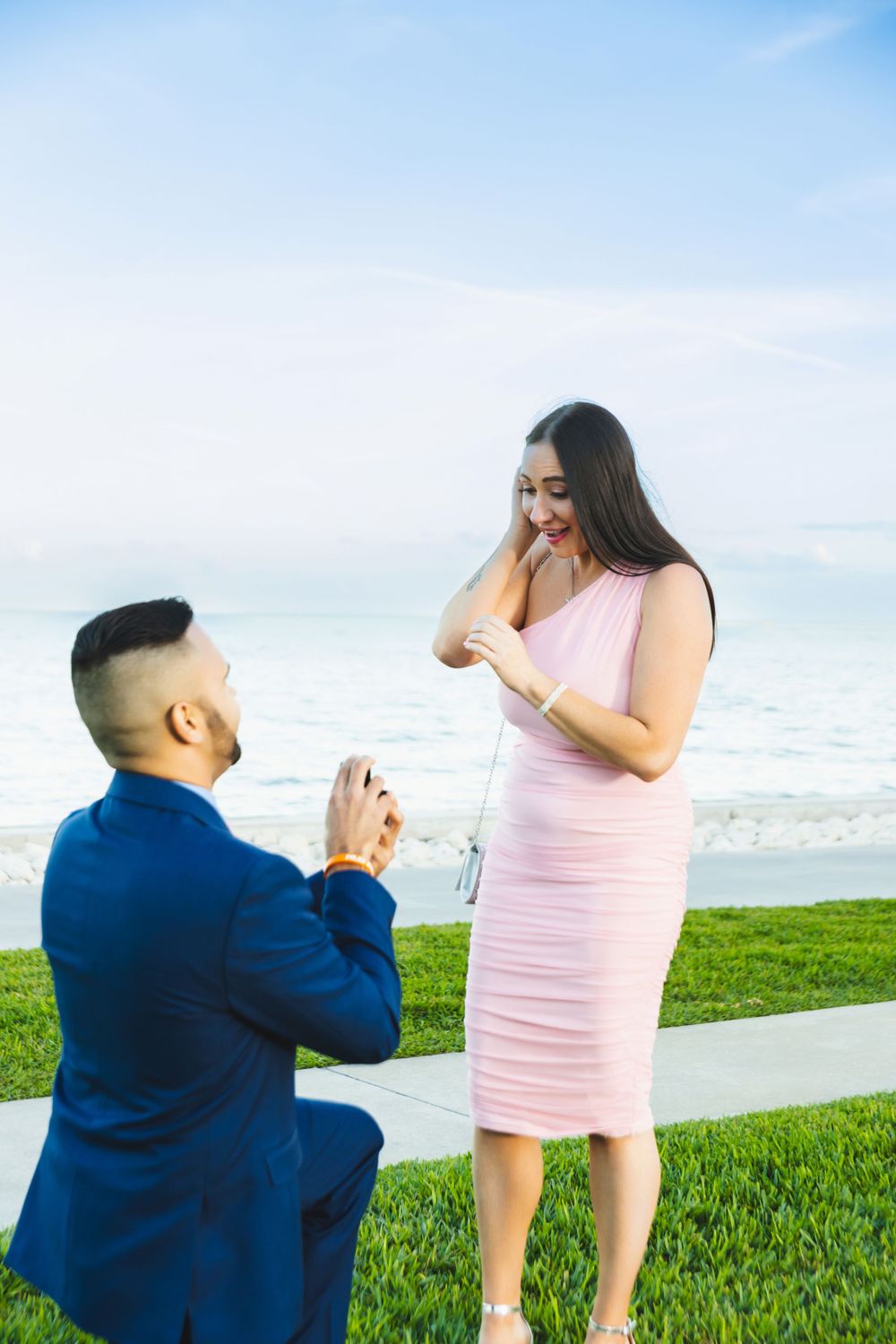 A romantic proposal scene taking place on a grassy area by the ocean with blue skies in the background.