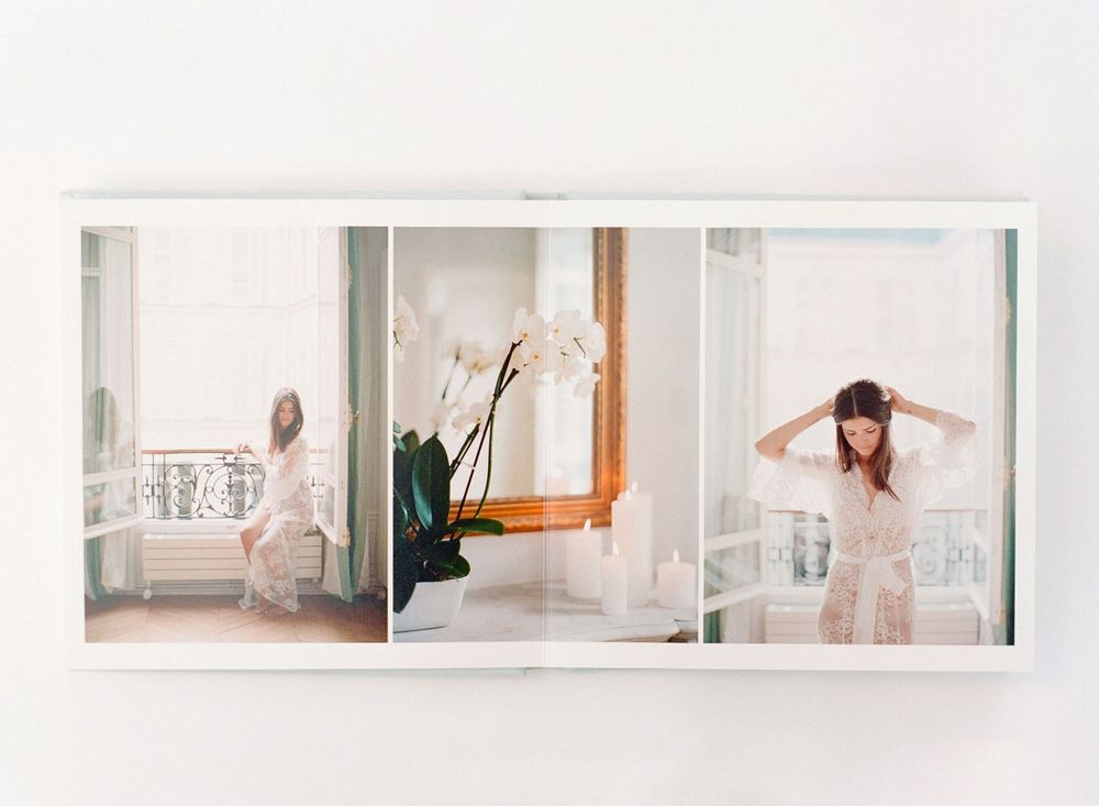 Triptych photo series displayed in white frame showing romantic boudoir moments.