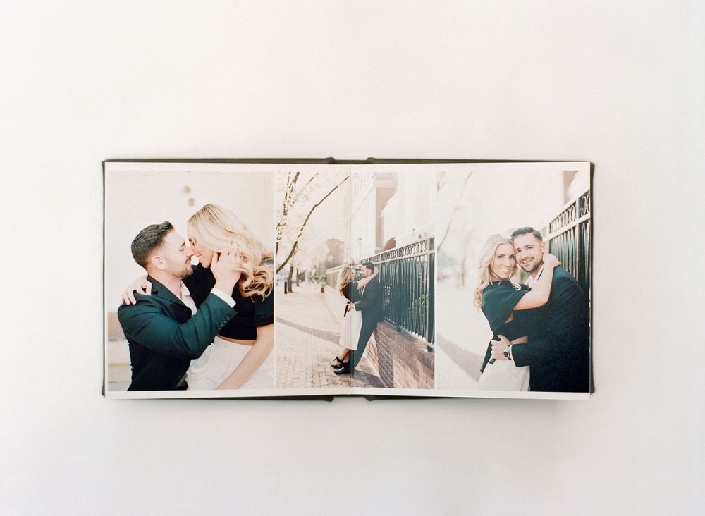 Wedding photo album spread showing romantic couple portraits.