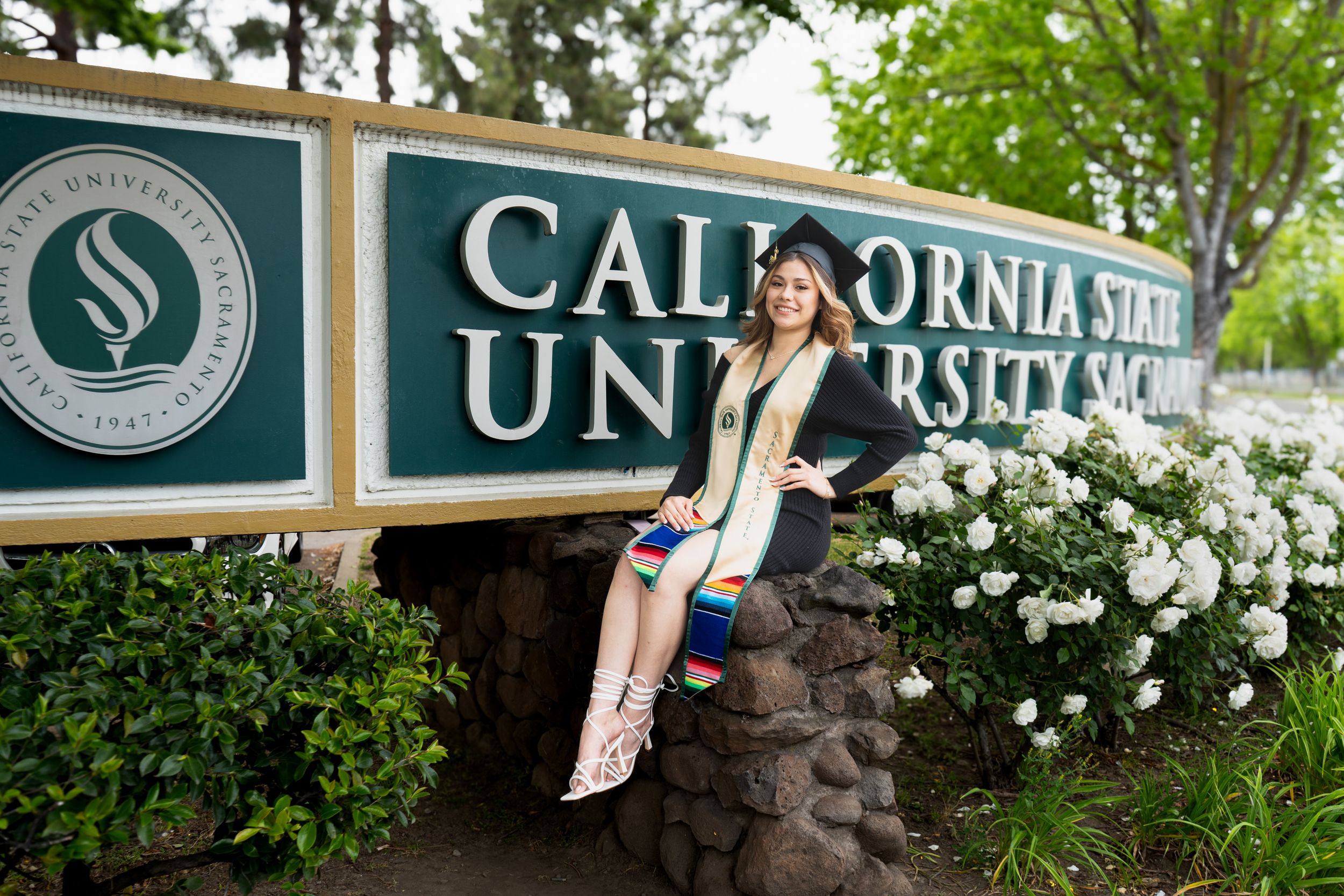 Female graduate sits on rocks beside California State University Sacramento entrance sign with white flowers.