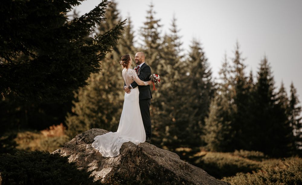 Bride and groom standing on a large rock surrounded by tall evergreen trees in nature.