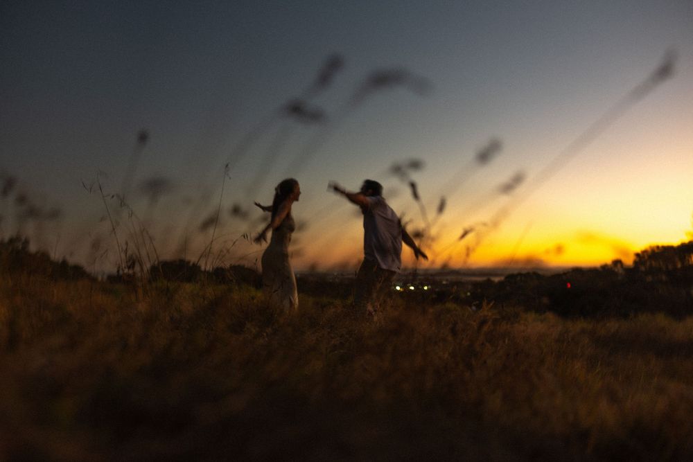 Silhouettes dance in a golden wheat field at sunset while tall grass sways in the foreground.