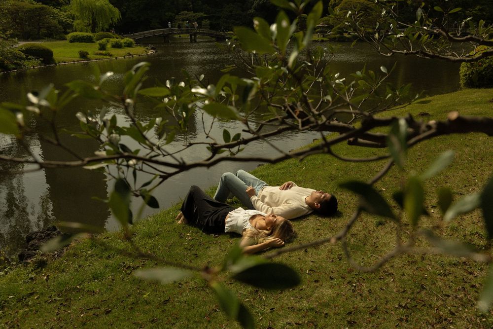 Person lying on grass by tranquil pond framed through tree branches in lush garden setting.