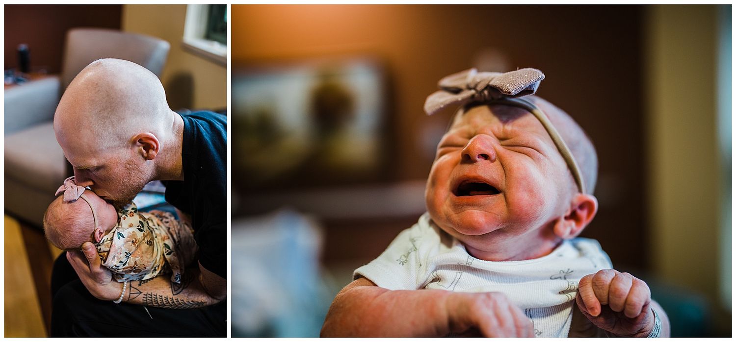Sweet moments between a parent and baby showing both crying and joyful expressions.