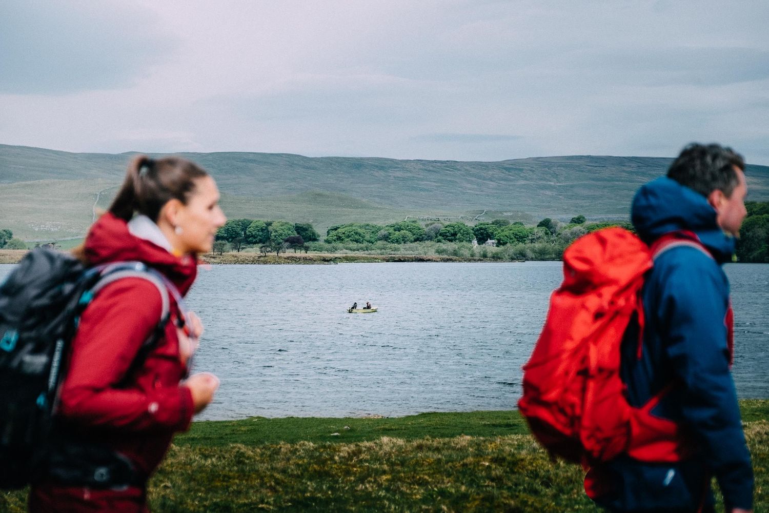 Hikers with red backpacks observe waterfowl on a serene lake surrounded by rolling green hills.