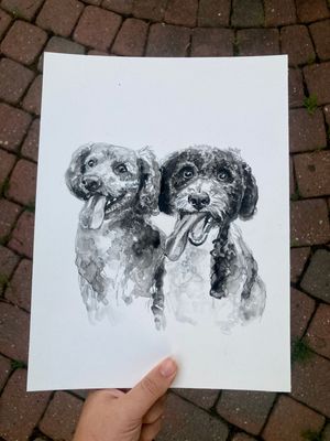 A series of black and white ink drawings showing two dogs' faces in an expressive, loose artistic style.