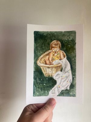Watercolor painting of a child in a yellow dress looking into a wicker basket, set against a lush green background.