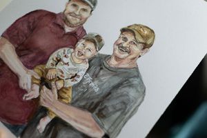 Watercolor painting of two men and a child smiling together, rendered in warm tones on white paper.