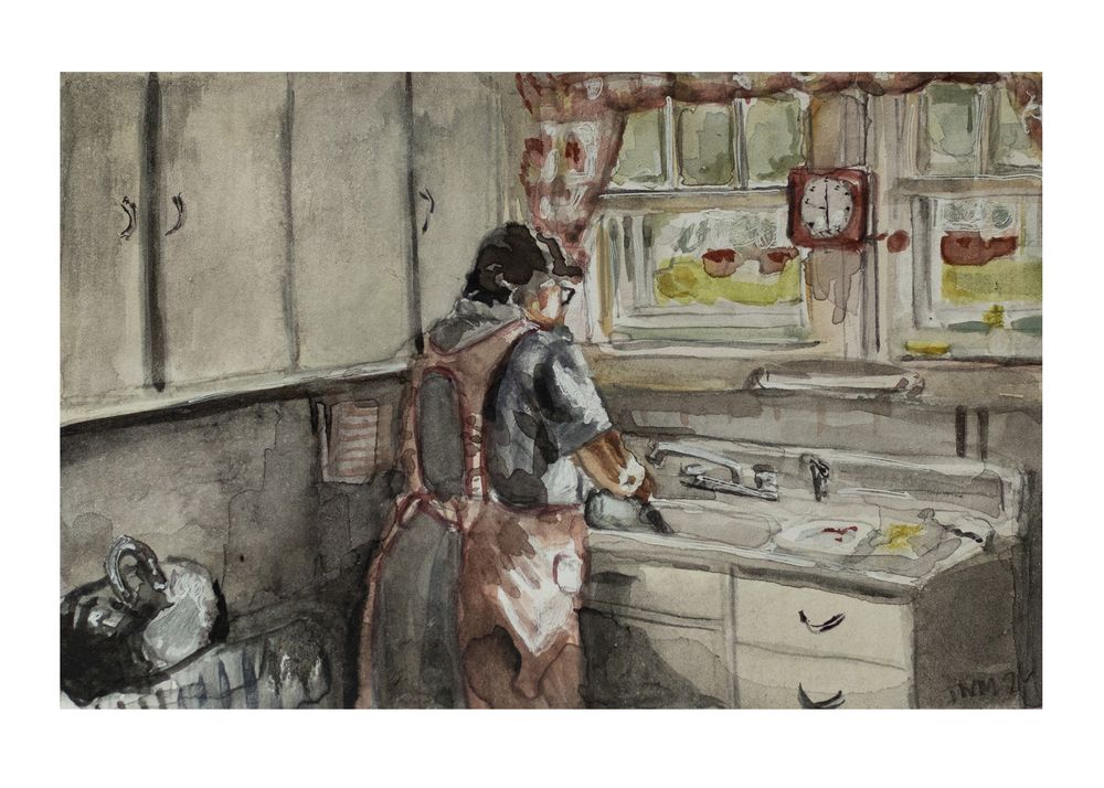 Watercolor painting of a woman washing dishes at a kitchen sink, wearing an apron in a vintage domestic scene.