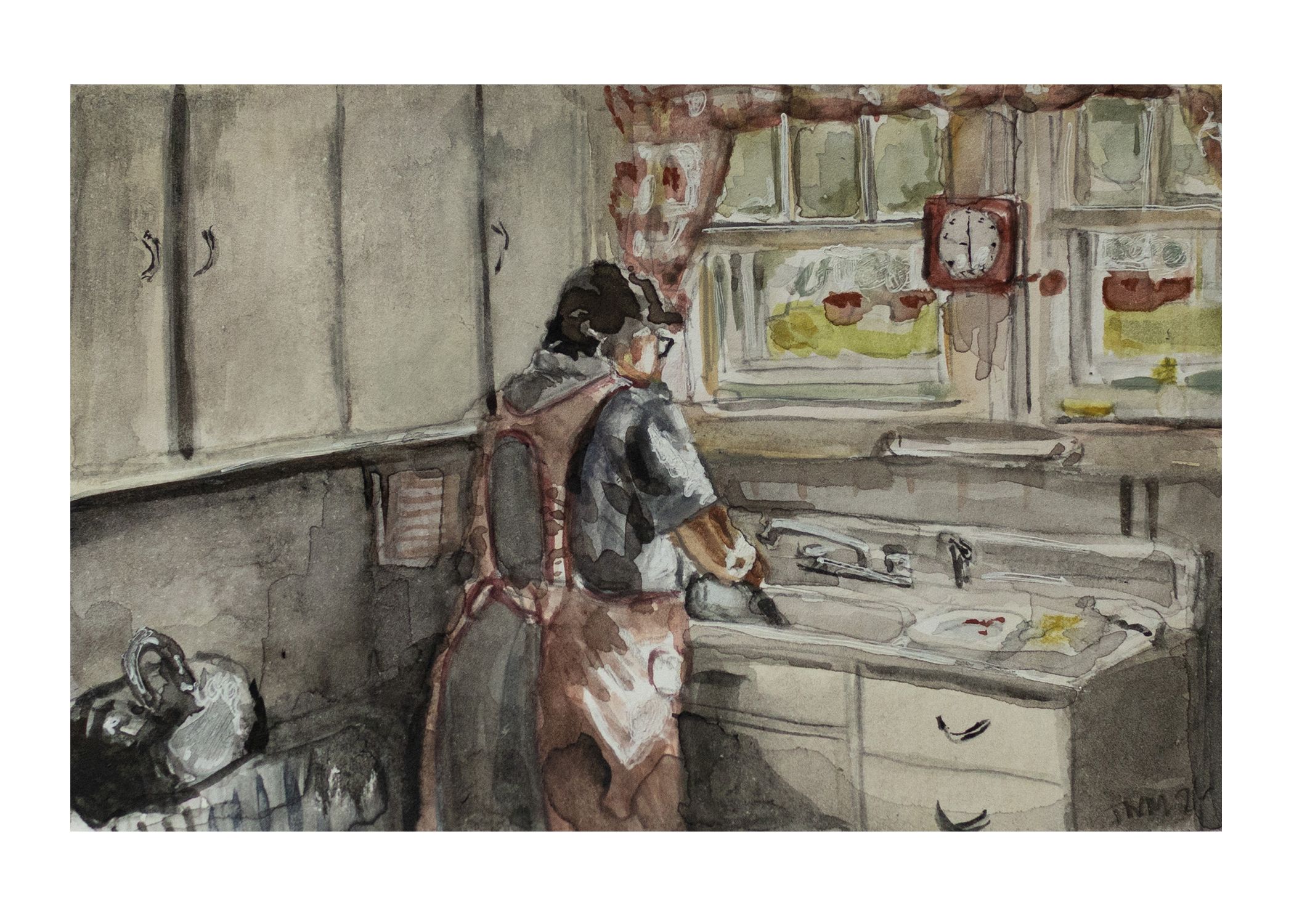 Watercolor painting of a woman washing dishes at a kitchen sink, wearing an apron in a vintage domestic scene.