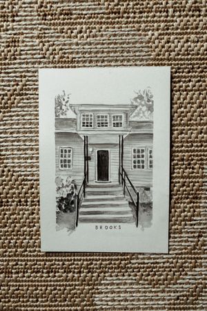 Black and white pencil illustration of a two-story house with steps labeled Brooks on burlap.