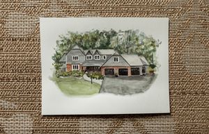 Watercolor painting of a large two-story suburban home with a three-car garage surrounded by lush green trees.