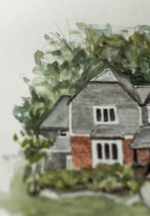 Watercolor painting of a charming two-story brick and gray house surrounded by lush green trees and shrubs.