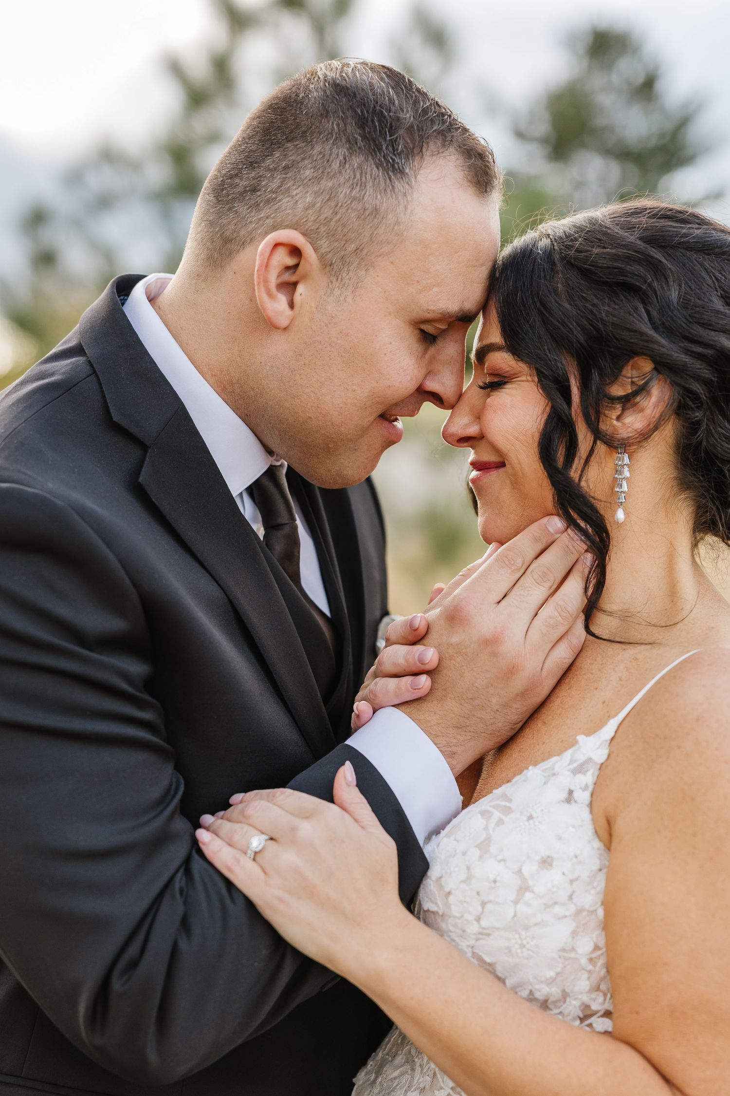 A romantic series of wedding photos showing tender kisses between newlyweds in formal attire.