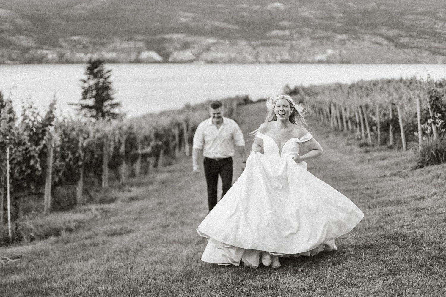 Vintage black and white wedding photographs arranged in a horizontal strip showing outdoor countryside scenes.