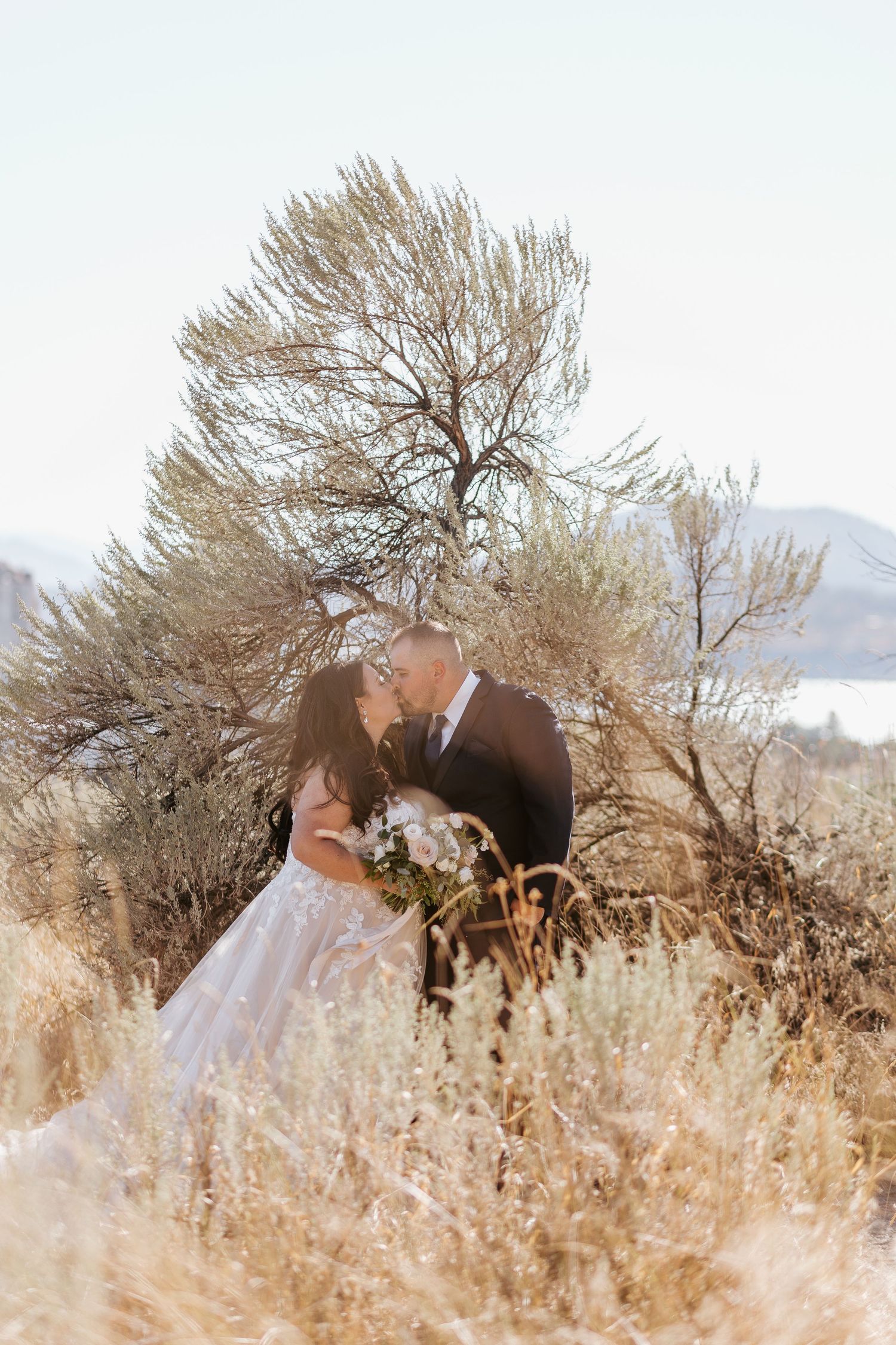 A romantic wedding couple embraces in a field of golden grass with mountains in the distance during sunset.