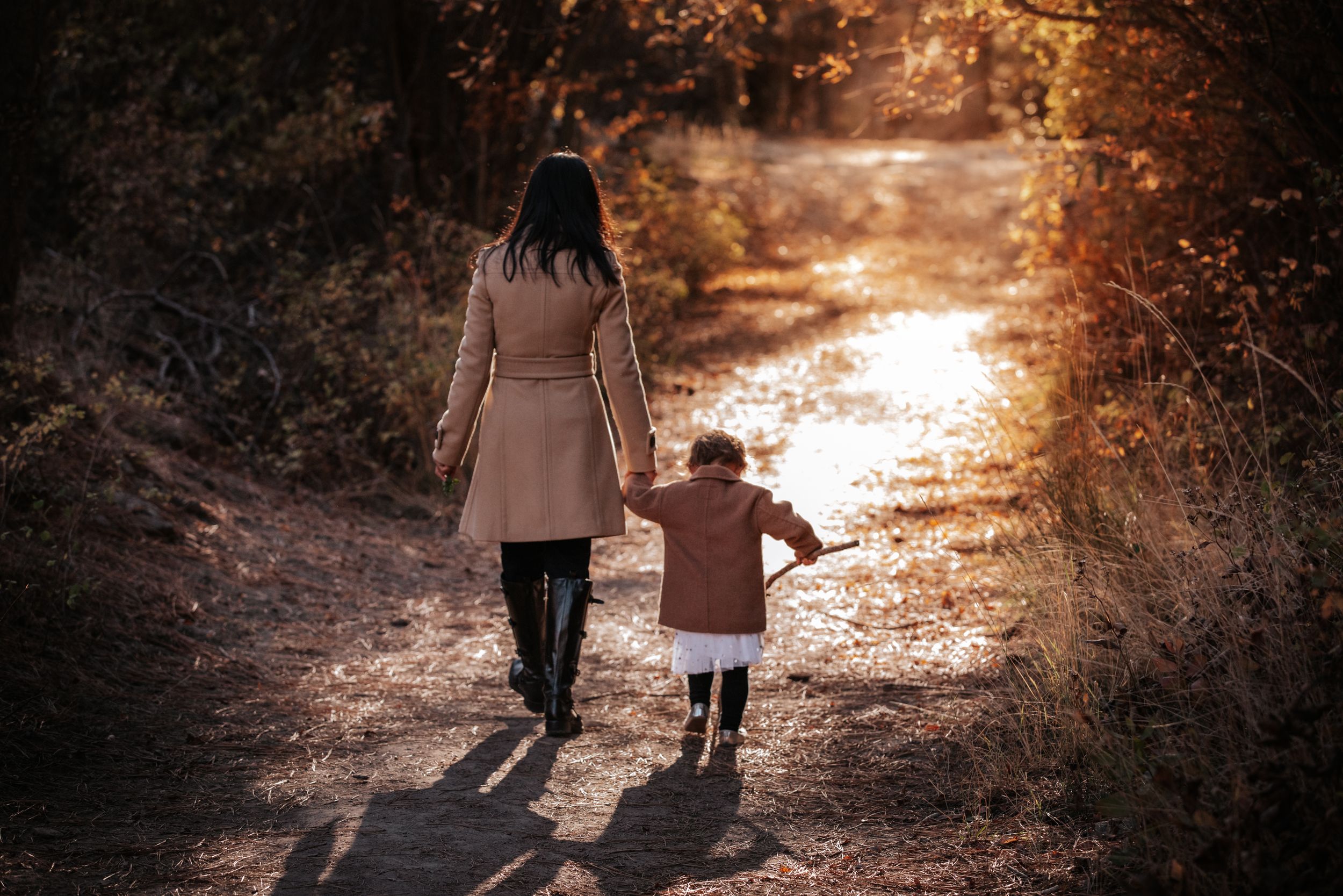 Mother and young child walking hand in hand down a sunlit autumn forest path.