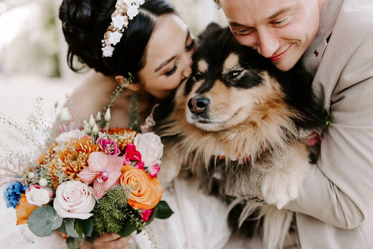 Wedding couple, cuddling  with there dog Macky at Yorkshire Wedding Barn