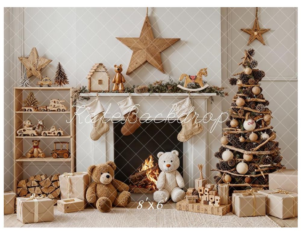 Cozy Christmas scene with fireplace, decorated tree, teddy bears, gold stars and wrapped presents in warm neutral tones.