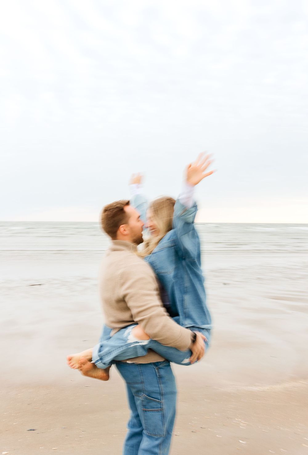 A sequence of photos showing two people playfully spinning and dancing together on a misty beach. PRESLEY ROSE PHOTOGRAPHY OCEAN ISLE BEACH