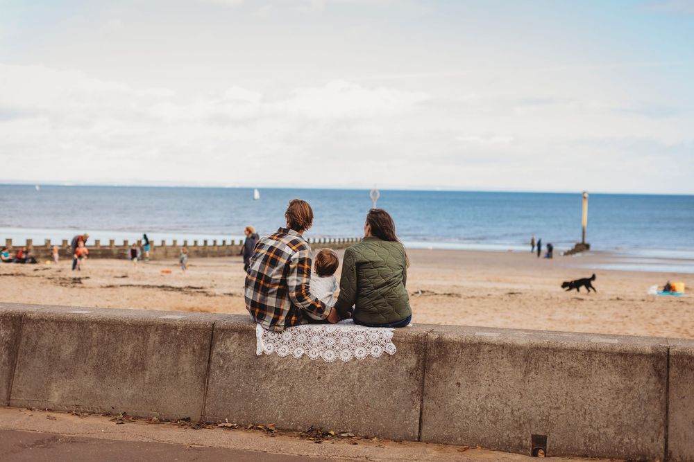 A scenic coastal view with waves crashing against a seawall while people and dogs enjoy the sandy beach.