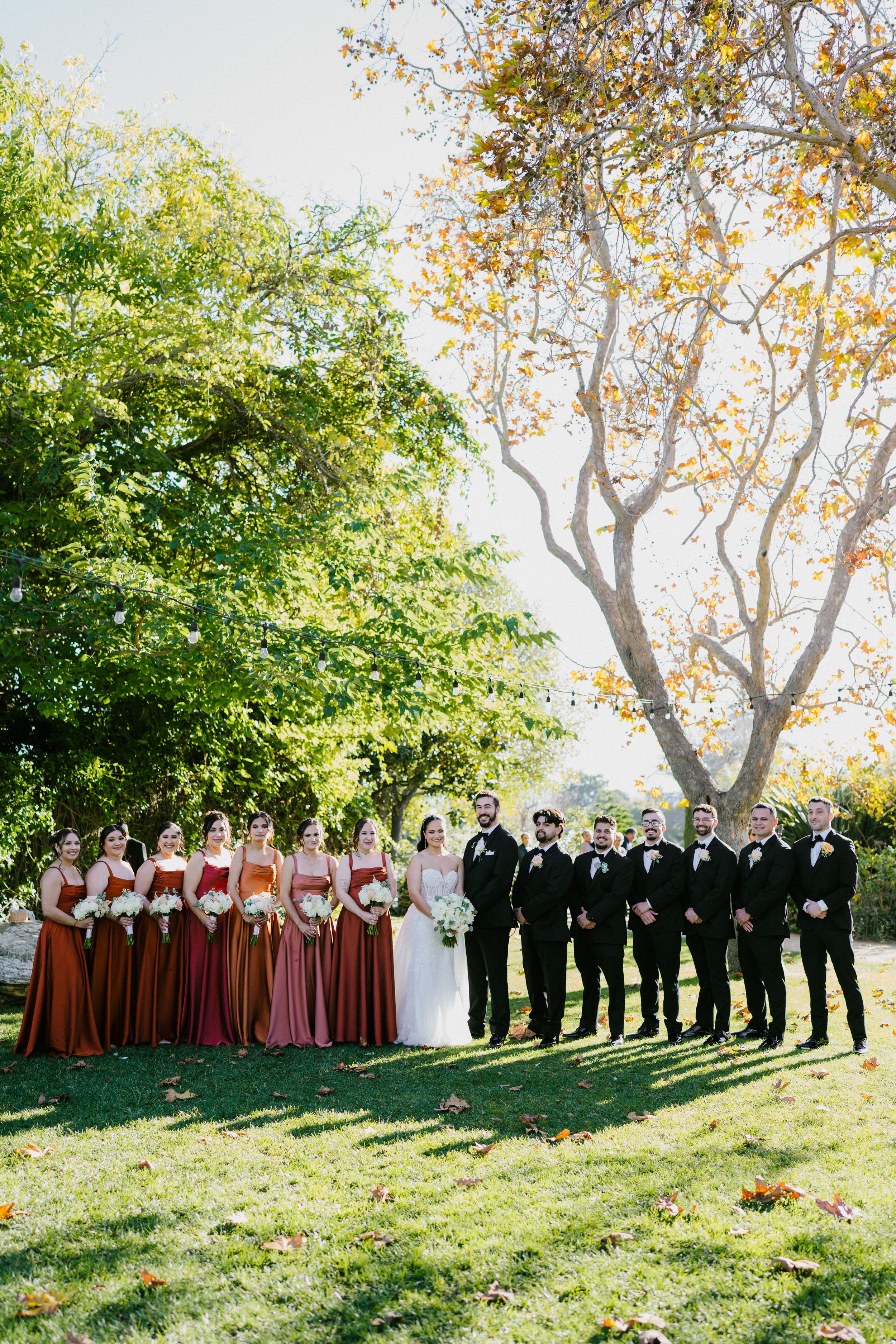Wedding party stands on grassy hillside in autumn with bridesmaids in burgundy dresses and groomsmen in black suits.