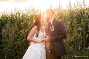 Bride in a lace wedding dress and groom in a navy suit share a kiss in a cornfield at golden hour sunset.