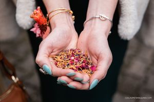 Hands holding delicate flower petals and confetti for a wedding celebration.