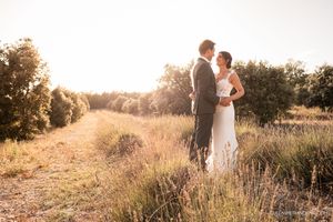 Bride in a white gown and groom in a dark suit embrace in a golden sunlit field surrounded by trees at sunset.