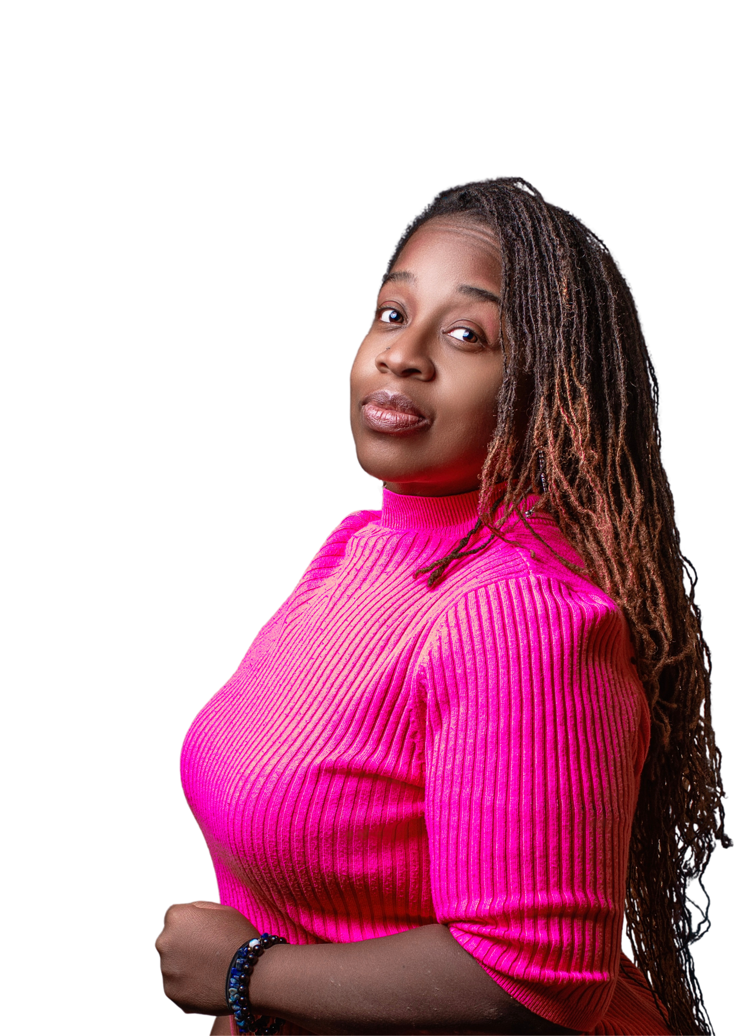 Portrait of woman in coral turtleneck sweater against deep blue background. Headshot, business owner, branding, portrait series
