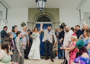 A collection of images showing wedding celebrations with confetti and festive moments at an elegant venue.