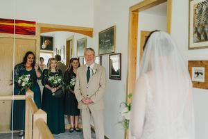 A collage of wedding photos showing intimate moments, decorations, and ceremony details in a rustic setting.
