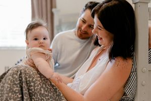 A series of tender moments between parent and baby showing affectionate interactions and bonding.